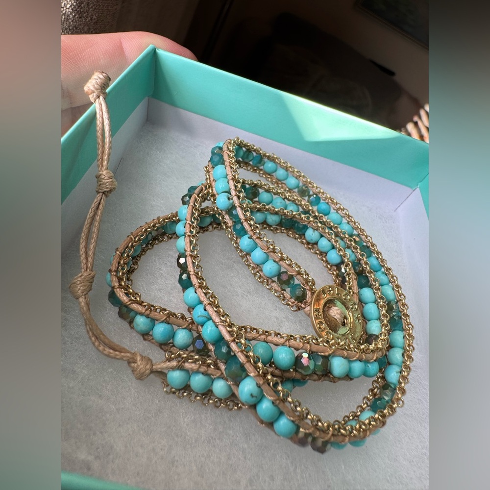 Jbloom Turquoise and Gold Beaded Adjustable Wrap Bracelet